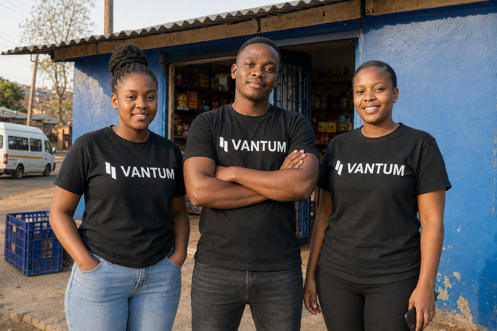 Three Vantum sellers in Vantum shirts outside a spaza shop