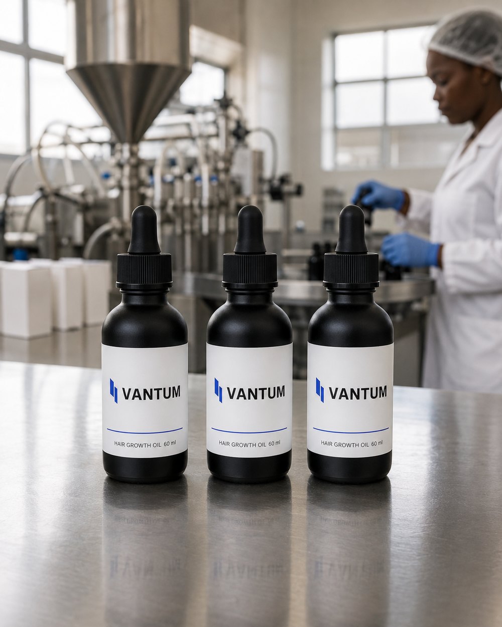 Vantum product units on a steel table in the filling room